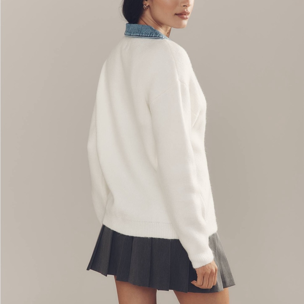 Anthropologie Maeve Denim Polo Sweater in Ivory and Blue - Picture 2 of 7